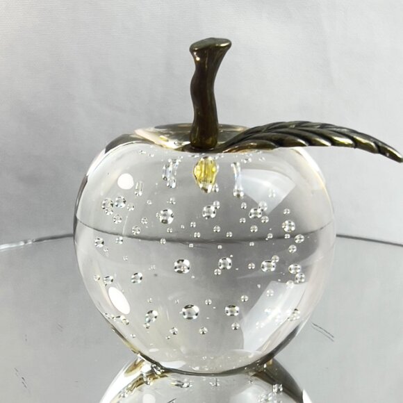 Clear Glass Apple Vintage Paperweight Bullicante Bubbles & Brass Stem 2.25x2.50 - Picture 4 of 9